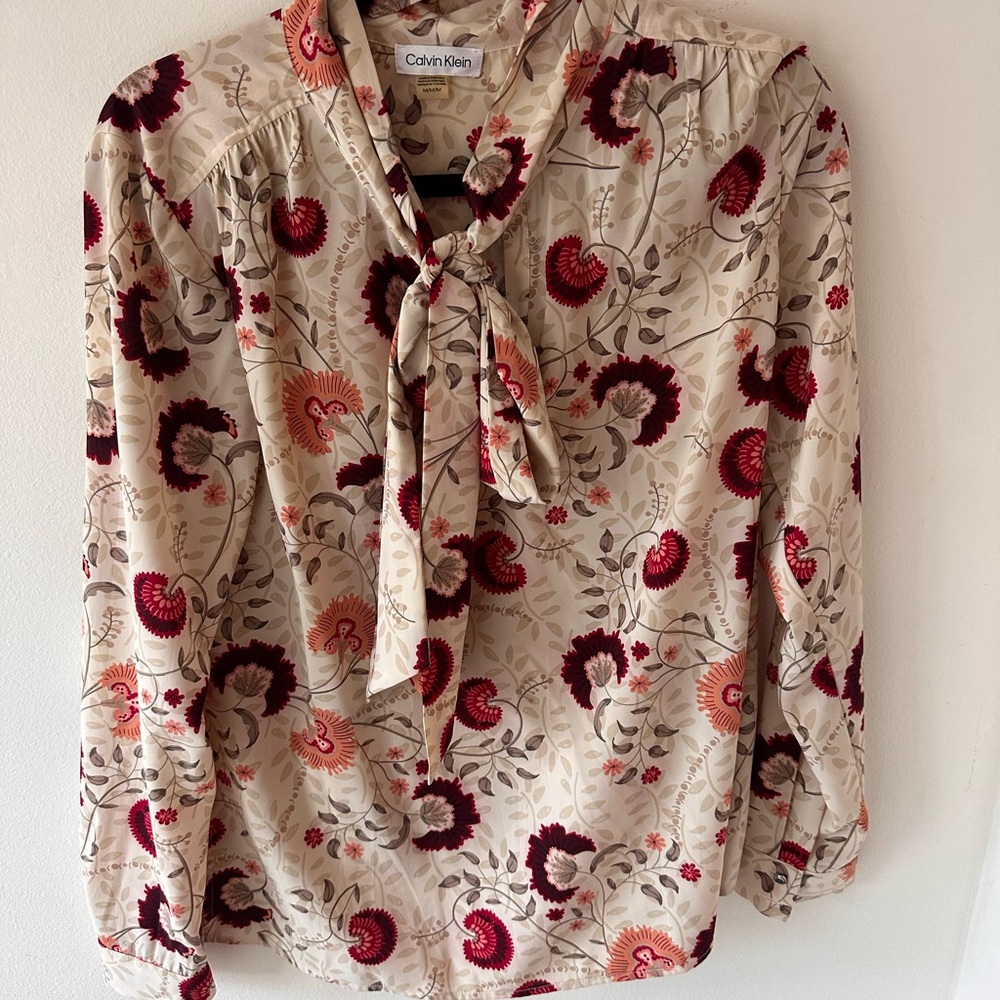 Calvin Klein Cream and Red Floral Blouse